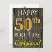 Faux Wood, Faux Gold 50th Birthday + Custom Name Postcard (Front/Back)