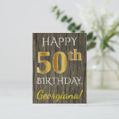 Faux Wood, Faux Gold 50th Birthday + Custom Name Postcard (Standing Front)