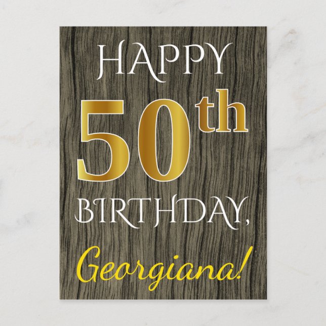Faux Wood, Faux Gold 50th Birthday + Custom Name Postcard (Front)