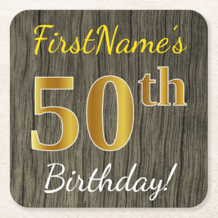 Faux Wood, Faux Gold 50th Birthday + Custom Name Square Paper Coaster