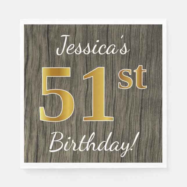 Faux Wood, Faux Gold 51st Birthday + Custom Name Napkin (Front)