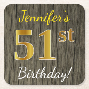 Faux Wood, Faux Gold 51st Birthday + Custom Name Square Paper Coaster