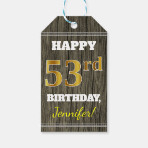 Faux Wood, Faux Gold 53rd Birthday + Custom Name Gift Tags
