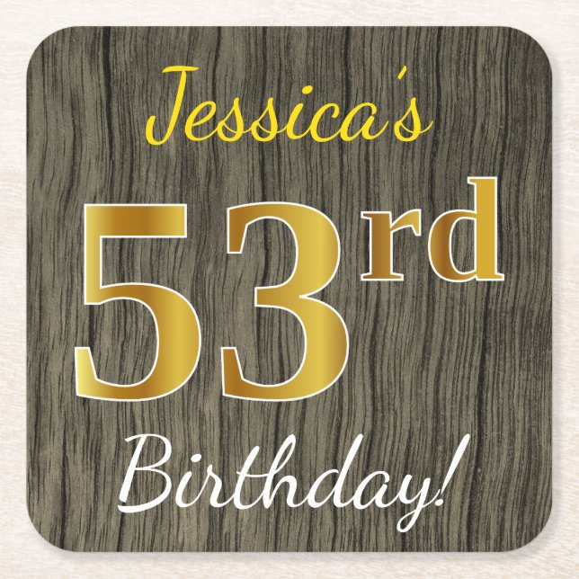 Faux Wood, Faux Gold 53rd Birthday + Custom Name Square Paper Coaster (Front)