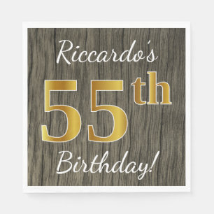Faux Wood, Faux Gold 55th Birthday + Custom Name Napkin
