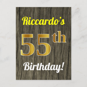 Faux Wood, Faux Gold 55th Birthday & Custom Name Postcard