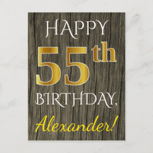 Faux Wood, Faux Gold 55th Birthday + Custom Name Postcard