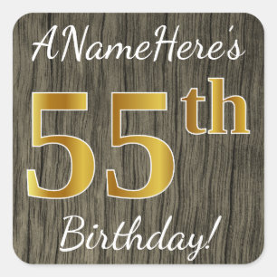 Faux Wood, Faux Gold 55th Birthday + Custom Name Square Sticker