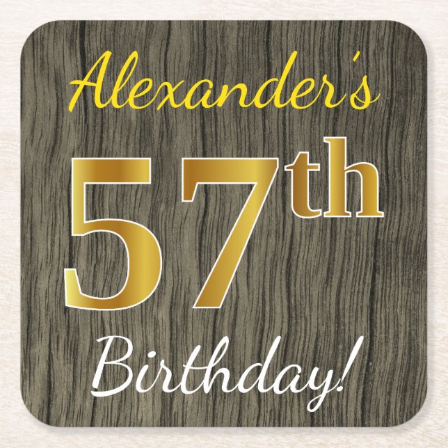 Faux Wood, Faux Gold 57th Birthday + Custom Name Square Paper Coaster (Front)