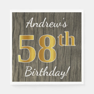 Faux Wood, Faux Gold 58th Birthday + Custom Name Napkin