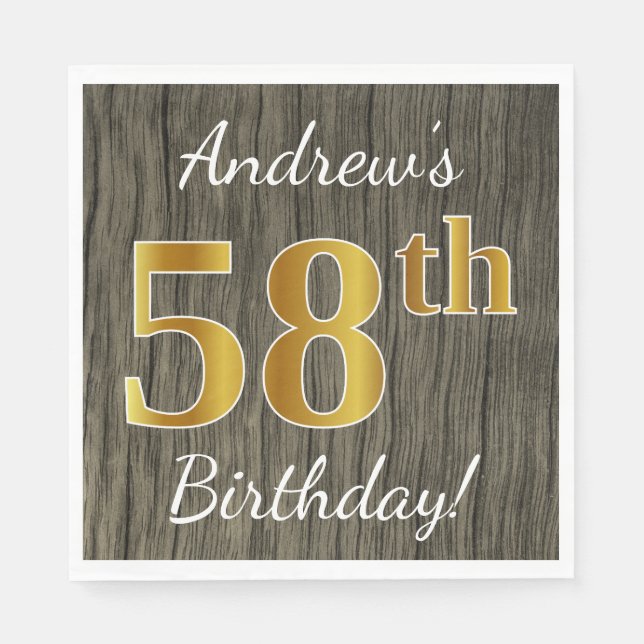 Faux Wood, Faux Gold 58th Birthday + Custom Name Napkin (Front)
