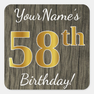 Faux Wood, Faux Gold 58th Birthday + Custom Name Square Sticker