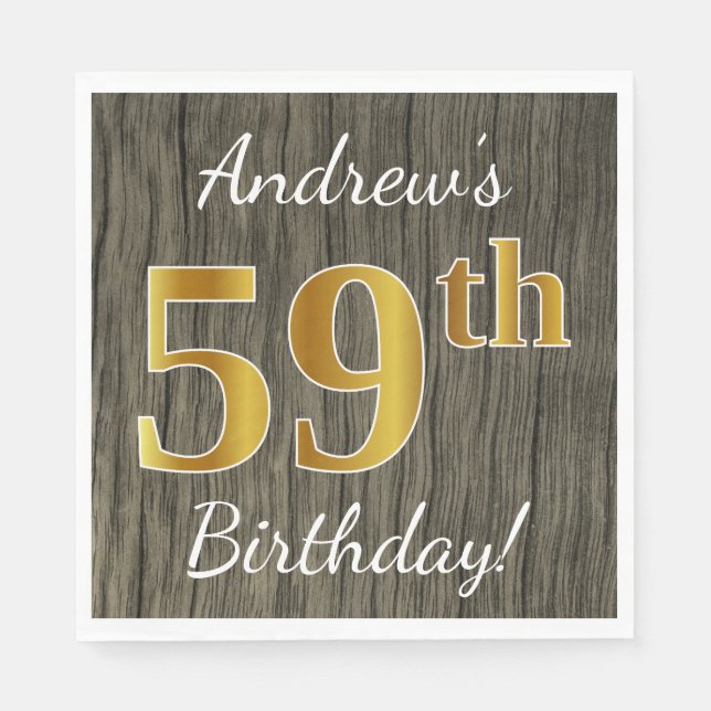 Faux Wood, Faux Gold 59th Birthday + Custom Name Napkin (Front)
