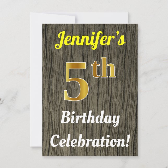 Faux Wood, Faux Gold 5th Birthday Celebration Invitation (Front)