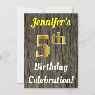 Faux Wood, Faux Gold 5th Birthday Celebration Invitation