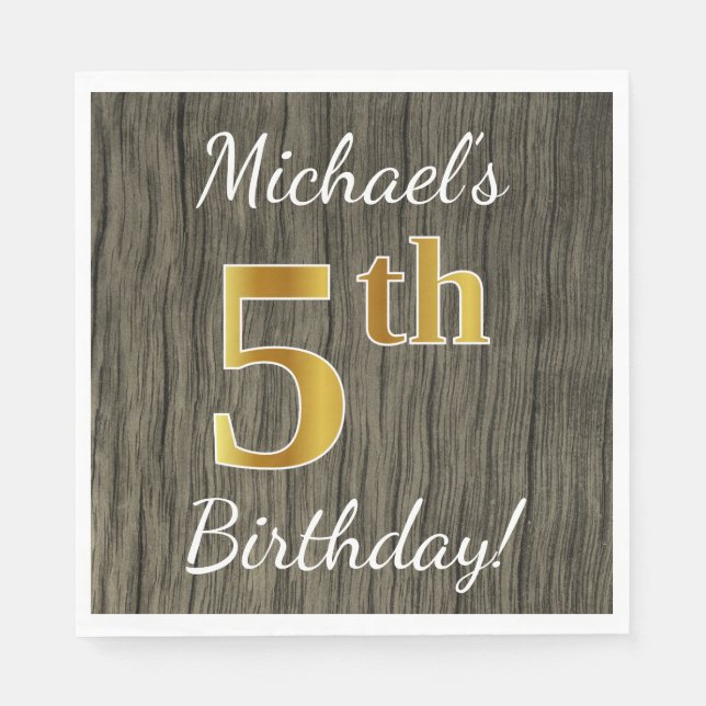 Faux Wood, Faux Gold 5th Birthday + Custom Name Napkin (Front)