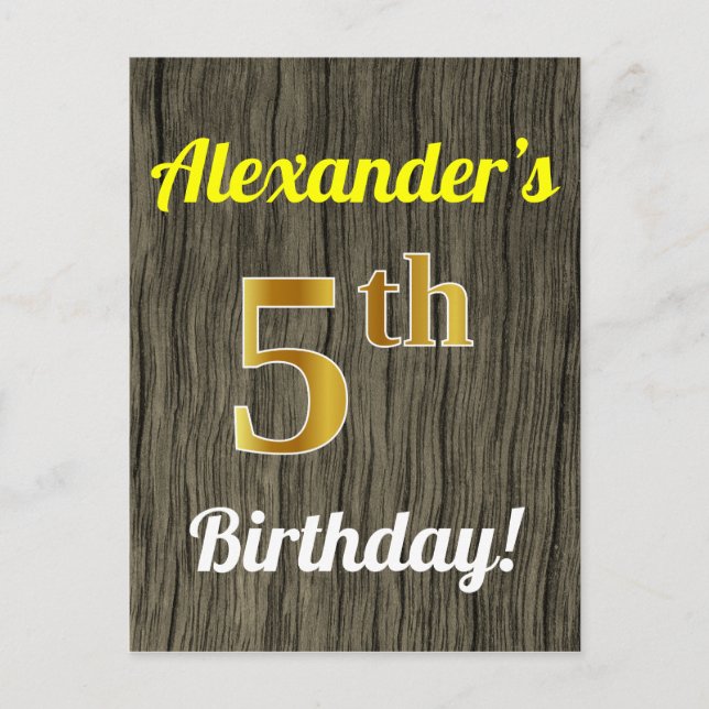 Faux Wood, Faux Gold 5th Birthday & Custom Name Postcard (Front)