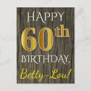 Faux Wood, Faux Gold 60th Birthday + Custom Name Postcard