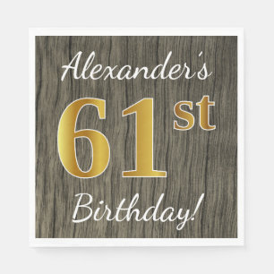 Faux Wood, Faux Gold 61st Birthday + Custom Name Napkin