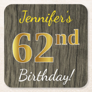 Faux Wood, Faux Gold 62nd Birthday + Custom Name Square Paper Coaster