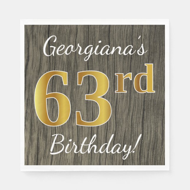 Faux Wood, Faux Gold 63rd Birthday + Custom Name Napkin (Front)