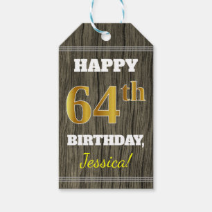 Faux Wood, Faux Gold 64th Birthday + Custom Name Gift Tags