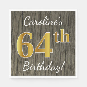 Faux Wood, Faux Gold 64th Birthday + Custom Name Napkin