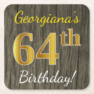 Faux Wood, Faux Gold 64th Birthday + Custom Name Square Paper Coaster
