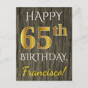 Faux Wood, Faux Gold 65th Birthday + Custom Name Postcard
