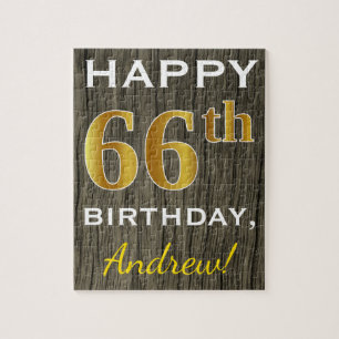 Faux Wood, Faux Gold 66th Birthday + Custom Name Jigsaw Puzzle
