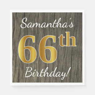 Faux Wood, Faux Gold 66th Birthday + Custom Name Napkin