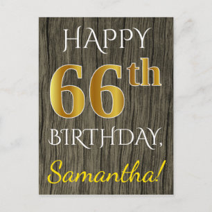 Faux Wood, Faux Gold 66th Birthday + Custom Name Postcard