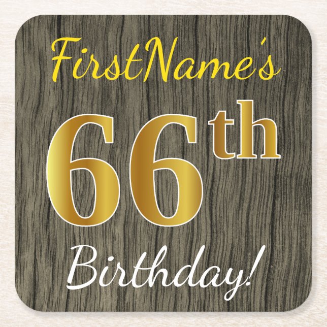 Faux Wood, Faux Gold 66th Birthday + Custom Name Square Paper Coaster (Front)