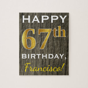 Faux Wood, Faux Gold 67th Birthday + Custom Name Jigsaw Puzzle