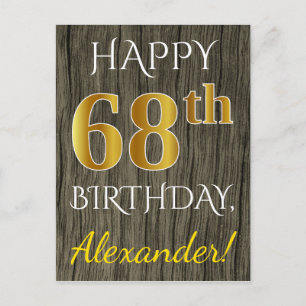 Faux Wood, Faux Gold 68th Birthday + Custom Name Postcard