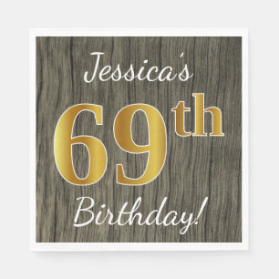 Faux Wood, Faux Gold 69th Birthday + Custom Name Napkin