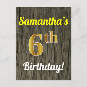 Faux Wood, Faux Gold 6th Birthday & Custom Name Postcard