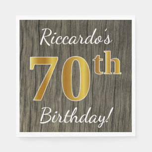 Faux Wood, Faux Gold 70th Birthday + Custom Name Napkin