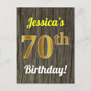 Faux Wood, Faux Gold 70th Birthday & Custom Name Postcard