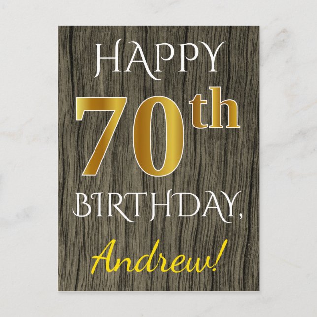 Faux Wood, Faux Gold 70th Birthday + Custom Name Postcard (Front)