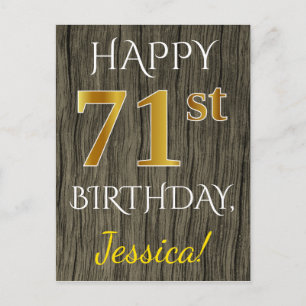 Faux Wood, Faux Gold 71st Birthday + Custom Name Postcard