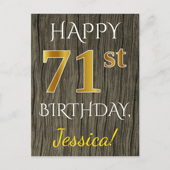 Faux Wood, Faux Gold 71st Birthday + Custom Name Postcard (Front)