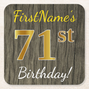 Faux Wood, Faux Gold 71st Birthday + Custom Name Square Paper Coaster