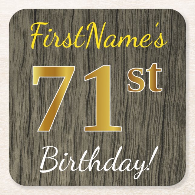 Faux Wood, Faux Gold 71st Birthday + Custom Name Square Paper Coaster (Front)