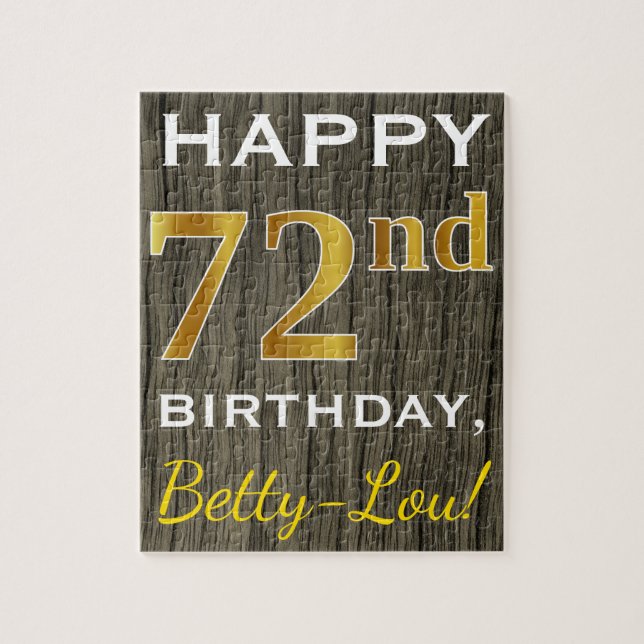 Faux Wood, Faux Gold 72nd Birthday + Custom Name Jigsaw Puzzle (Vertical)
