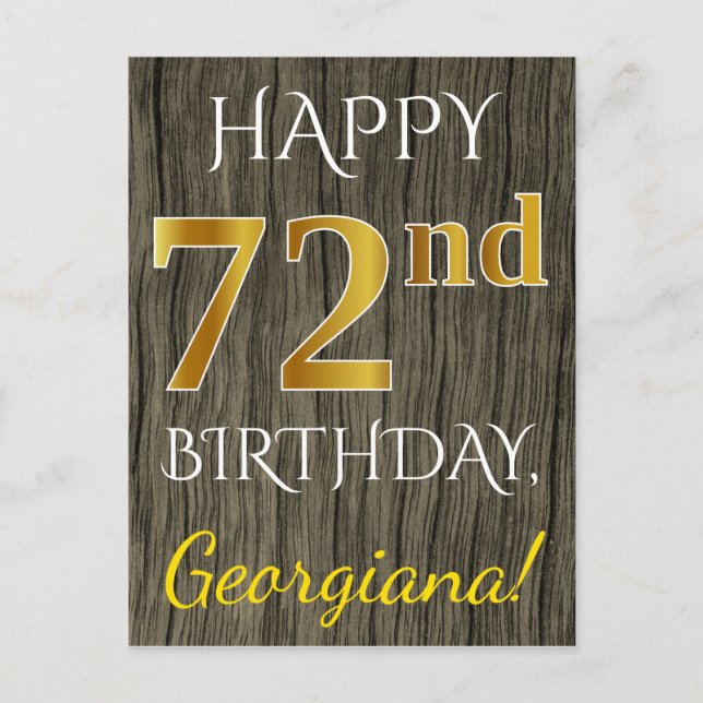Faux Wood, Faux Gold 72nd Birthday + Custom Name Postcard (Front)