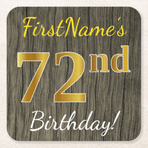 Faux Wood, Faux Gold 72nd Birthday + Custom Name Square Paper Coaster
