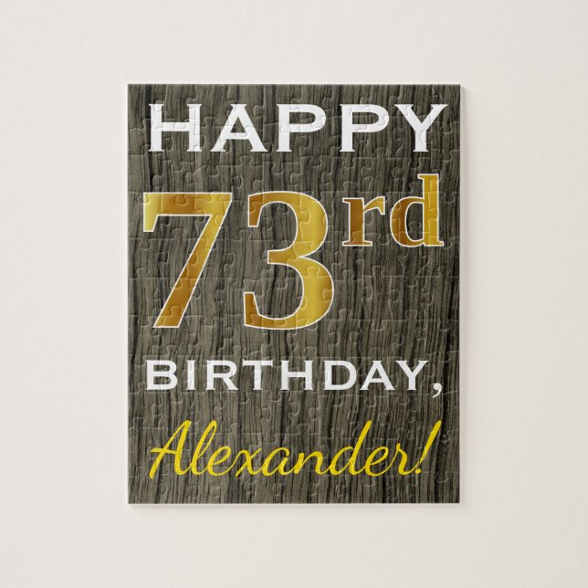 Faux Wood, Faux Gold 73rd Birthday + Custom Name Jigsaw Puzzle (Vertical)