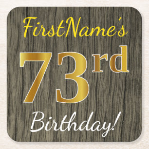 Faux Wood, Faux Gold 73rd Birthday + Custom Name Square Paper Coaster