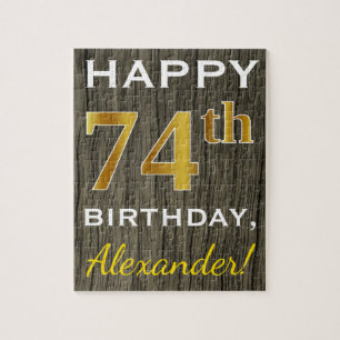 Faux Wood, Faux Gold 74th Birthday + Custom Name Jigsaw Puzzle
